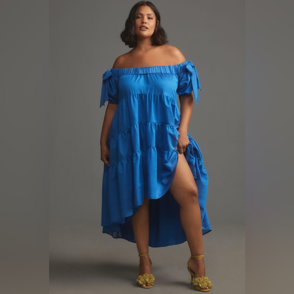✨ Anthropologie Off-The-Shoulder Tiered High-Low Midi Dress Sz S - Picture 5 of 8